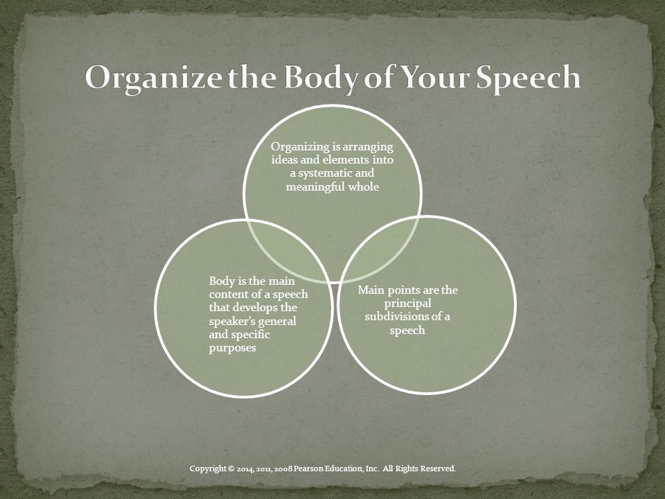 Organizing is arranging ideas and elements into a systematic and meaningful whole Body is the main content of a speech that develops the speaker’s general and specific purposes Main points are the principal subdivisions of a speech