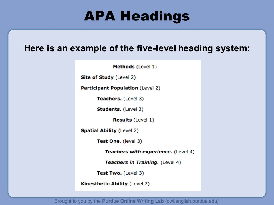 APA Headings Here is an example of the five-level heading system: