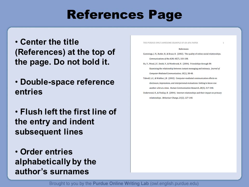 References Page Center the title (References) at the top of the page.