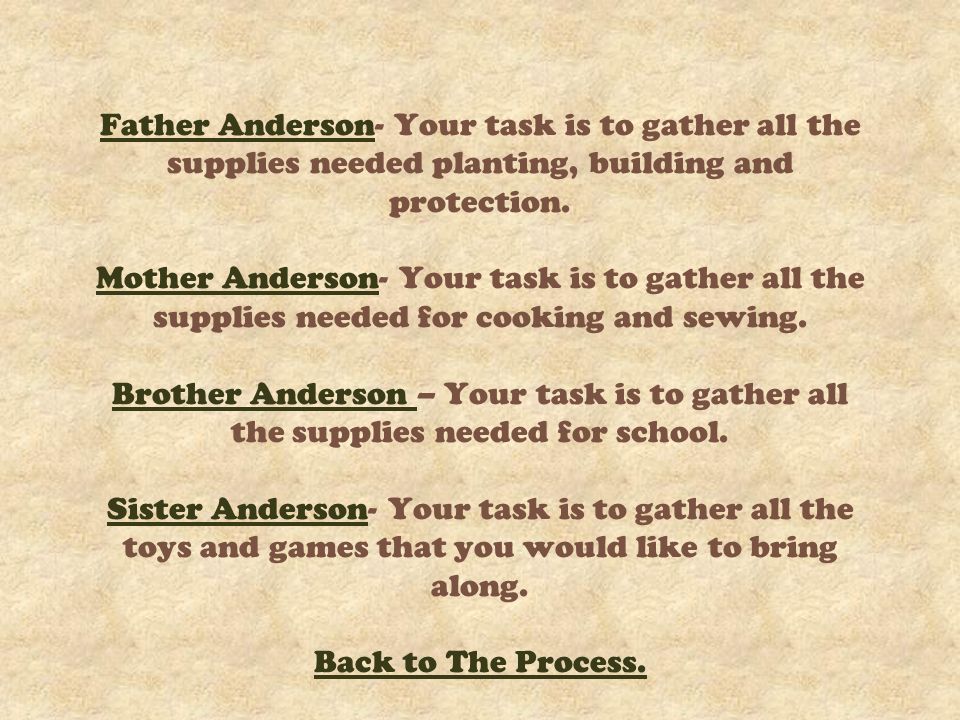 Father AndersonFather Anderson- Your task is to gather all the supplies needed planting, building and protection.