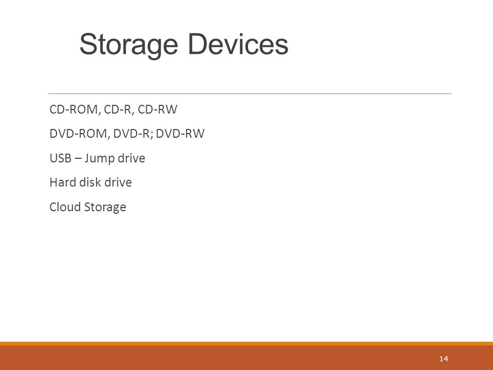 Storage Devices CD-ROM, CD-R, CD-RW DVD-ROM, DVD-R; DVD-RW USB – Jump drive Hard disk drive Cloud Storage 14