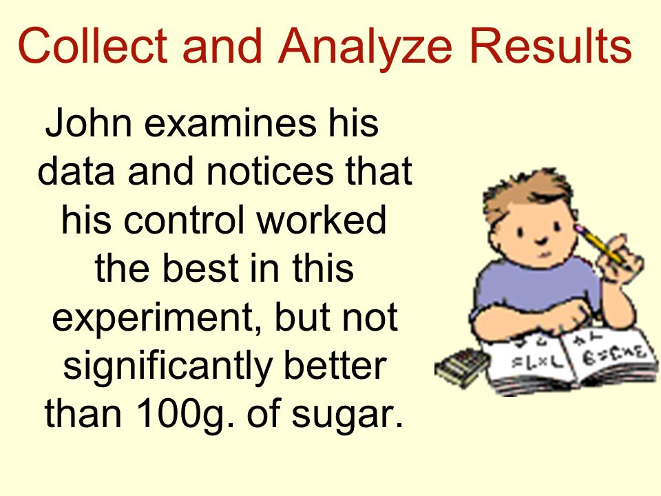 Collect and Analyze Results John examines his data and notices that his control worked the best in this experiment, but not significantly better than 100g.
