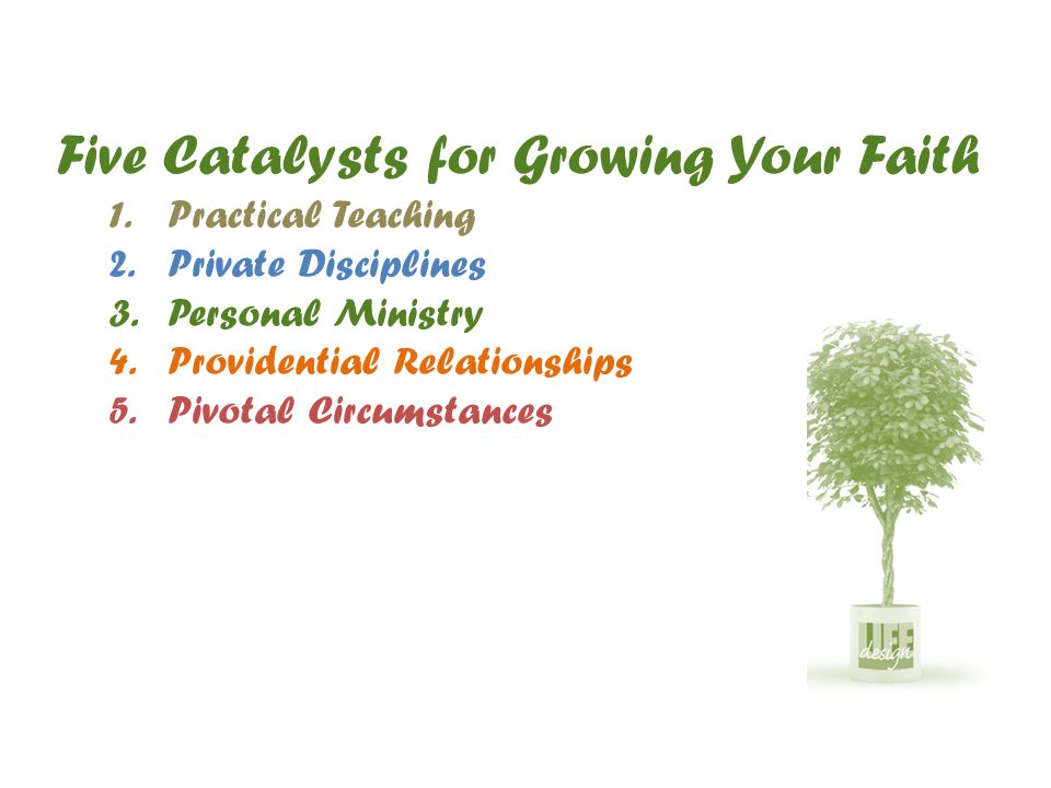 Five Catalysts for Growing Your Faith 1.Practical Teaching 2.Private Disciplines 3.Personal Ministry 4.Providential Relationships 5.Pivotal Circumstances