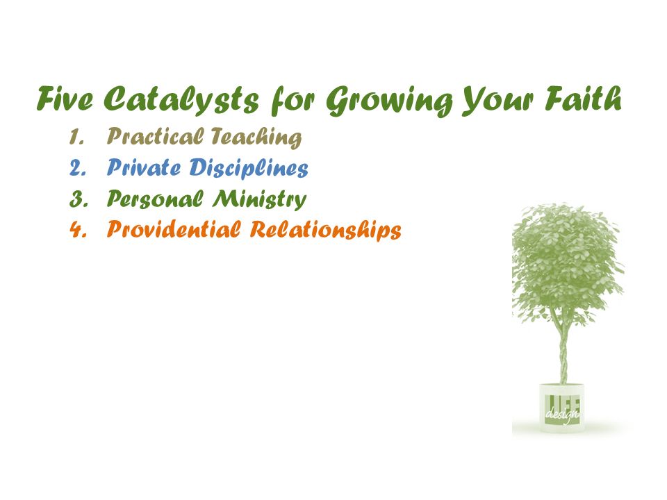 Five Catalysts for Growing Your Faith 1.Practical Teaching 2.Private Disciplines 3.Personal Ministry 4.Providential Relationships