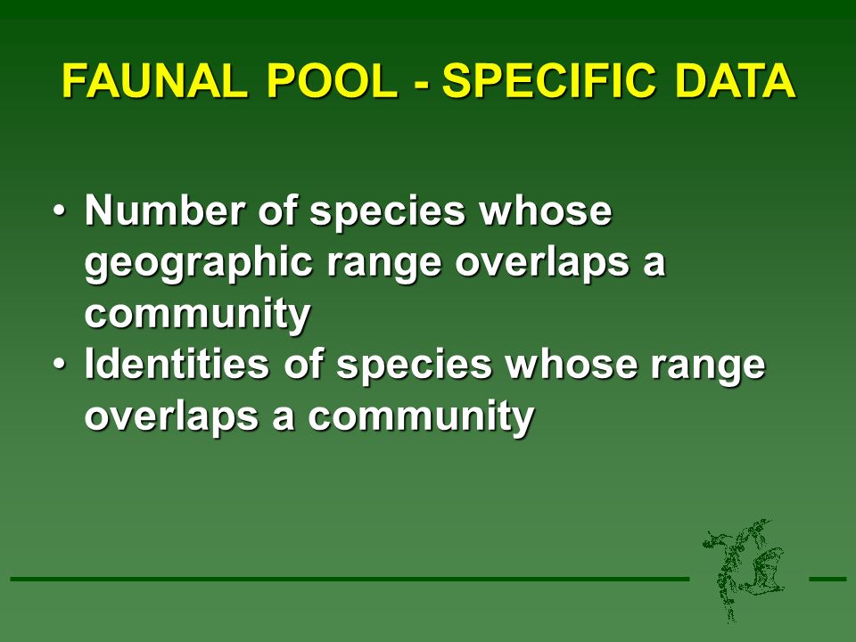 FAUNAL POOL - SPECIFIC DATA Number of species whose geographic range overlaps a communityNumber of species whose geographic range overlaps a community Identities of species whose range overlaps a communityIdentities of species whose range overlaps a community