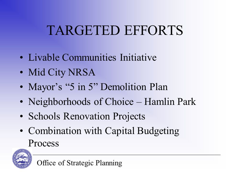 Office of Strategic Planning TARGETED EFFORTS Livable Communities Initiative Mid City NRSA Mayor’s 5 in 5 Demolition Plan Neighborhoods of Choice – Hamlin Park Schools Renovation Projects Combination with Capital Budgeting Process