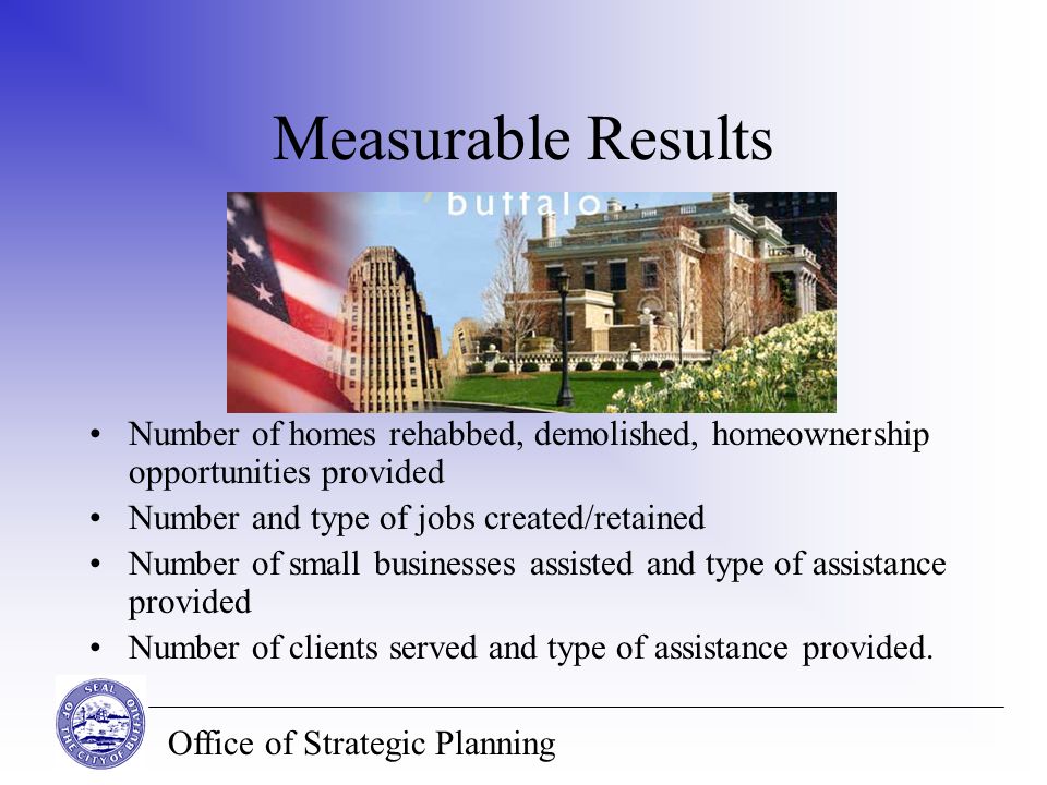 Office of Strategic Planning Measurable Results Number of homes rehabbed, demolished, homeownership opportunities provided Number and type of jobs created/retained Number of small businesses assisted and type of assistance provided Number of clients served and type of assistance provided.