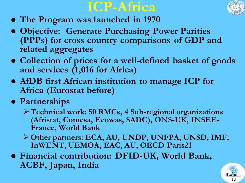 ICP-Africa l The Program was launched in 1970 l Objective: Generate Purchasing Power Parities (PPPs) for cross country comparisons of GDP and related aggregates l Collection of prices for a well-defined basket of goods and services (1,016 for Africa) l AfDB first African institution to manage ICP for Africa (Eurostat before) l Partnerships  Technical work: 50 RMCs, 4 Sub-regional organizations (Afristat, Comesa, Ecowas, SADC), ONS-UK, INSEE- France, World Bank  Other partners: ECA, AU, UNDP, UNFPA, UNSD, IMF, InWENT, UEMOA, EAC, AU, OECD-Paris21 l Financial contribution: DFID-UK, World Bank, ACBF, Japan, India 13