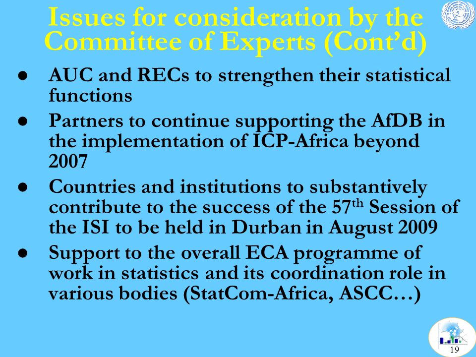 Issues for consideration by the Committee of Experts (Cont’d) l AUC and RECs to strengthen their statistical functions l Partners to continue supporting the AfDB in the implementation of ICP-Africa beyond 2007 l Countries and institutions to substantively contribute to the success of the 57 th Session of the ISI to be held in Durban in August 2009 l Support to the overall ECA programme of work in statistics and its coordination role in various bodies (StatCom-Africa, ASCC…) 19