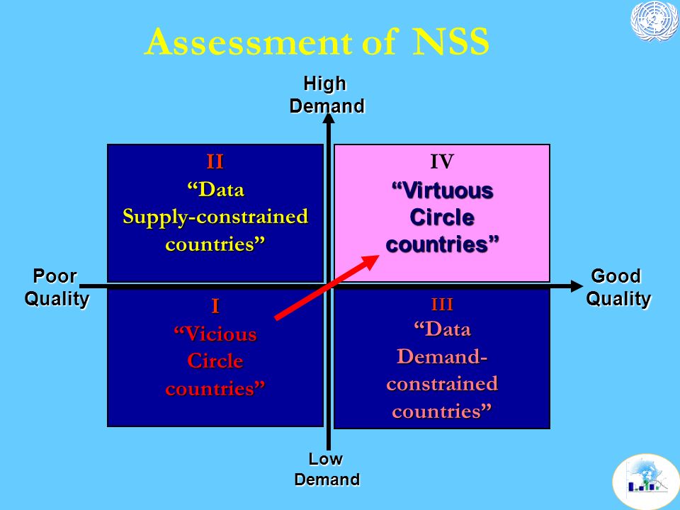 IV VirtuousCirclecountries LowDemand HighDemand GoodQuality II DataSupply-constrainedcountries I ViciousCirclecountries III Data Demand- constrained countries PoorQuality Assessment of NSS