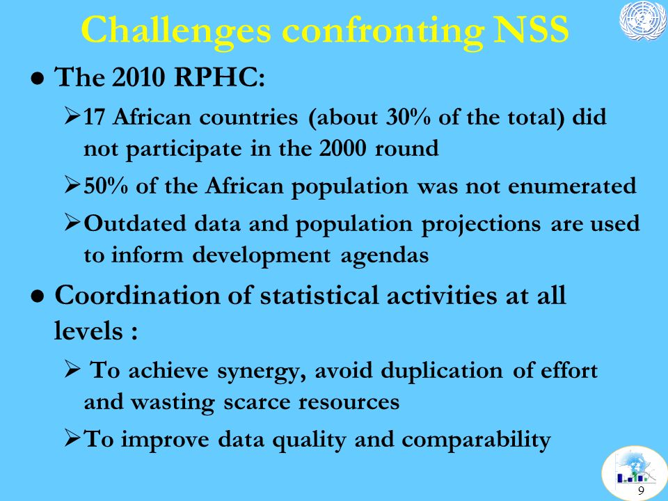 Challenges confronting NSS l The 2010 RPHC:  17 African countries (about 30% of the total) did not participate in the 2000 round  50% of the African population was not enumerated  Outdated data and population projections are used to inform development agendas l Coordination of statistical activities at all levels :  To achieve synergy, avoid duplication of effort and wasting scarce resources  To improve data quality and comparability 9