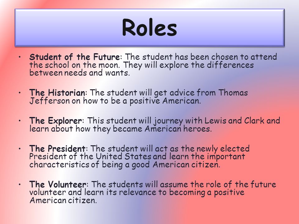 Task On this web quest, the students will take on five different roles that will lead them to a better understanding of how to become a positive American citizen.