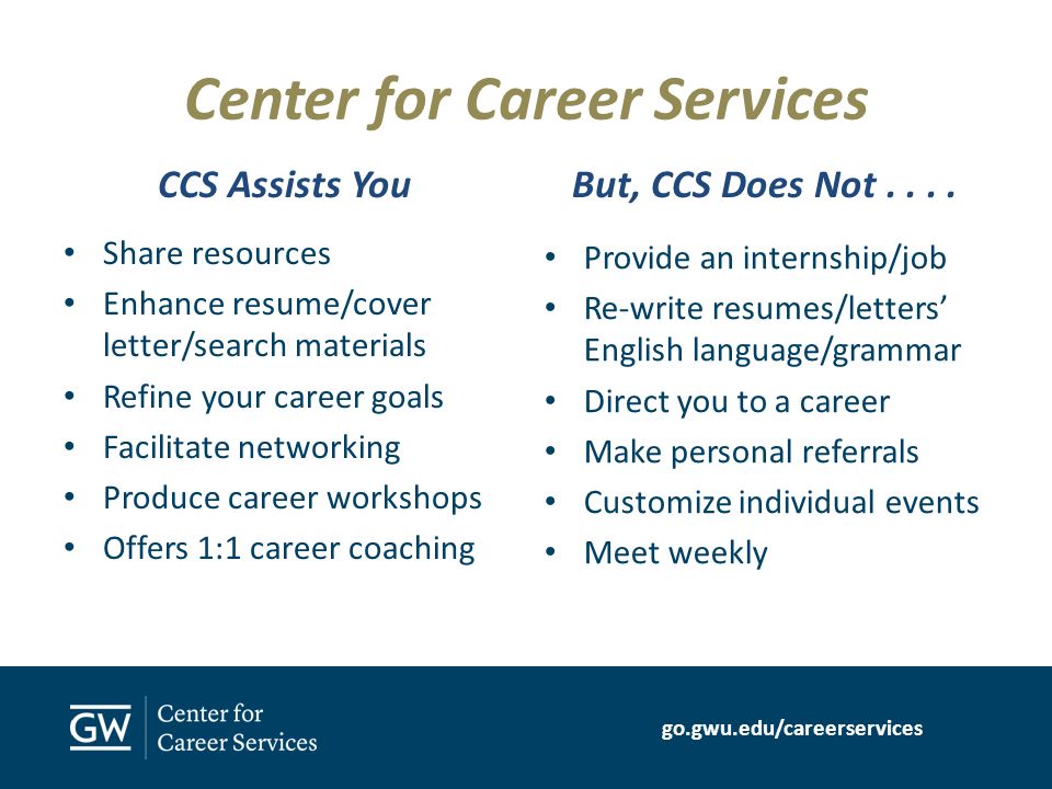 go.gwu.edu/careerservices Center for Career Services CCS Assists You Share resources Enhance resume/cover letter/search materials Refine your career goals Facilitate networking Produce career workshops Offers 1:1 career coaching But, CCS Does Not....