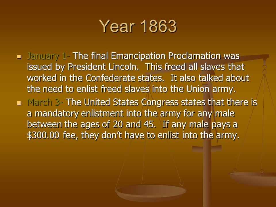 Year 1863 January 1- The final Emancipation Proclamation was issued by President Lincoln.