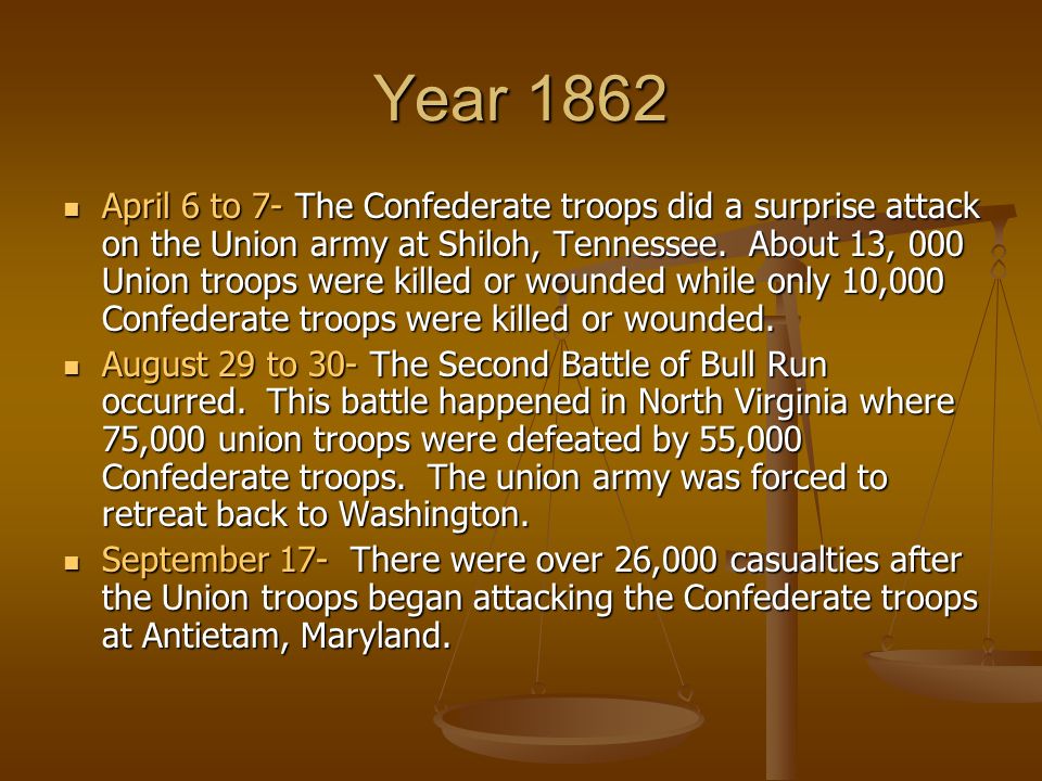 April 6 to 7- The Confederate troops did a surprise attack on the Union army at Shiloh, Tennessee.
