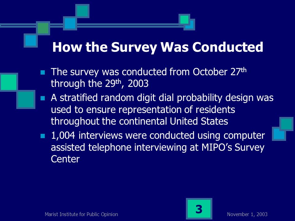 November 1, 2003Marist Institute for Public Opinion 3 How the Survey Was Conducted The survey was conducted from October 27 th through the 29 th, 2003 A stratified random digit dial probability design was used to ensure representation of residents throughout the continental United States 1,004 interviews were conducted using computer assisted telephone interviewing at MIPO’s Survey Center