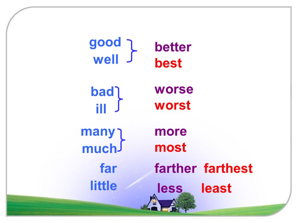 Good bad many much little. Good Bad little many much. Good better Bad worse. Less least степени. Far три формы.
