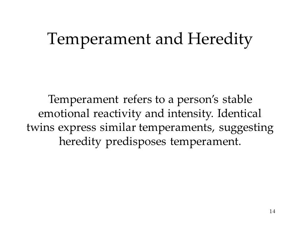 14 Temperament and Heredity Temperament refers to a person’s stable emotional reactivity and intensity.