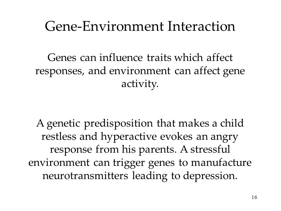 16 Gene-Environment Interaction Genes can influence traits which affect responses, and environment can affect gene activity.