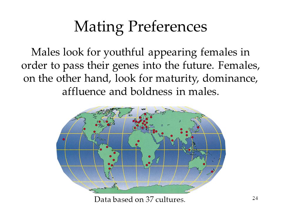 24 Mating Preferences Males look for youthful appearing females in order to pass their genes into the future.