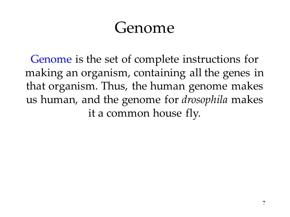 7 Genome Genome is the set of complete instructions for making an organism, containing all the genes in that organism.