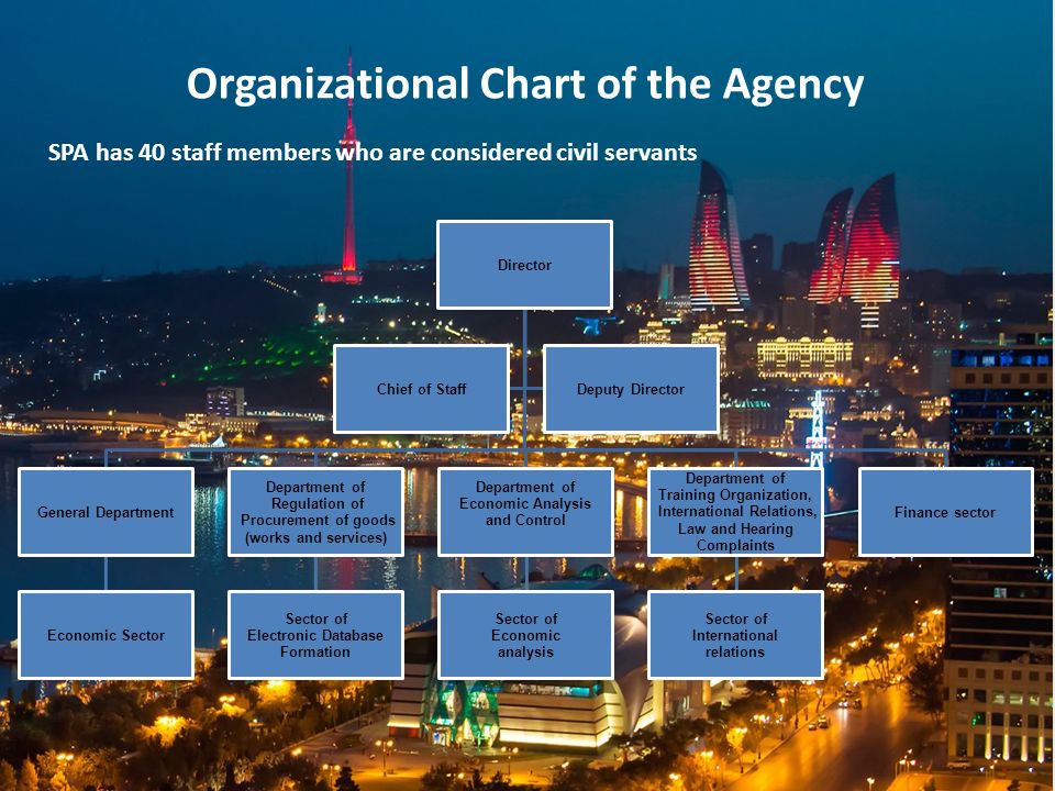 Director General Department Economic Sector Department of Regulation of Procurement of goods (works and services) Sector of Electronic Database Formation Department of Economic Analysis and Control Sector of Economic analysis Department of Training Organization, International Relations, Law and Hearing Complaints Sector of International relations Finance sector Chief of StaffDeputy Director Organizational Chart of the Agency SPA has 40 staff members who are considered civil servants