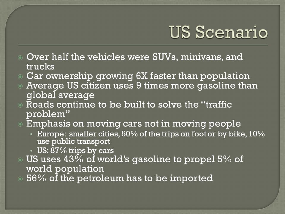  Over half the vehicles were SUVs, minivans, and trucks  Car ownership growing 6X faster than population  Average US citizen uses 9 times more gasoline than global average  Roads continue to be built to solve the traffic problem  Emphasis on moving cars not in moving people Europe: smaller cities, 50% of the trips on foot or by bike, 10% use public transport US: 87% trips by cars  US uses 43% of world’s gasoline to propel 5% of world population  56% of the petroleum has to be imported