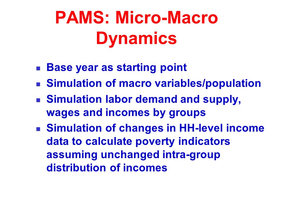 PAMS: Micro-Macro Dynamics Base year as starting point Simulation of macro variables/population Simulation labor demand and supply, wages and incomes by groups Simulation of changes in HH-level income data to calculate poverty indicators assuming unchanged intra-group distribution of incomes