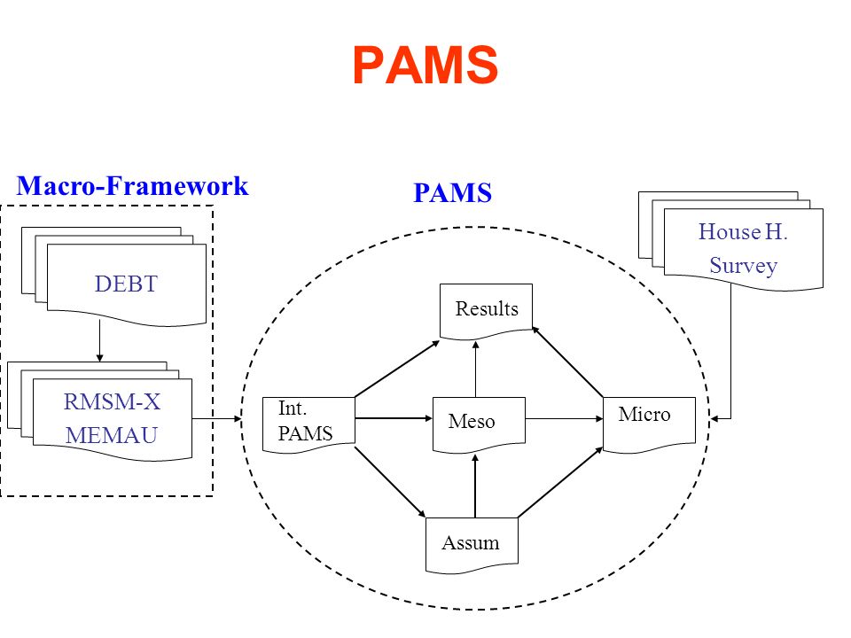 PAMS Macro-Framework House H. Survey RMSM-X MEMAU DEBT Results Assum Int. PAMS Meso Micro