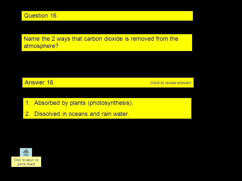 Question 16. Answer 16. Name the 2 ways that carbon dioxide is removed from the atmosphere.
