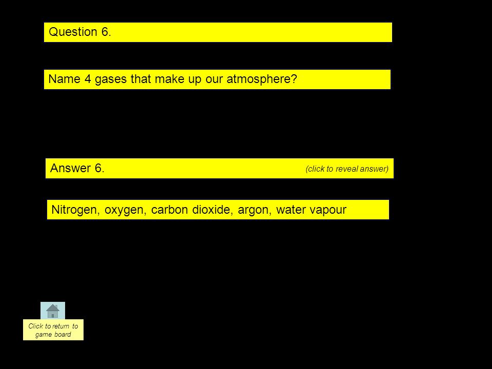 Question 6. Answer 6. Name 4 gases that make up our atmosphere.