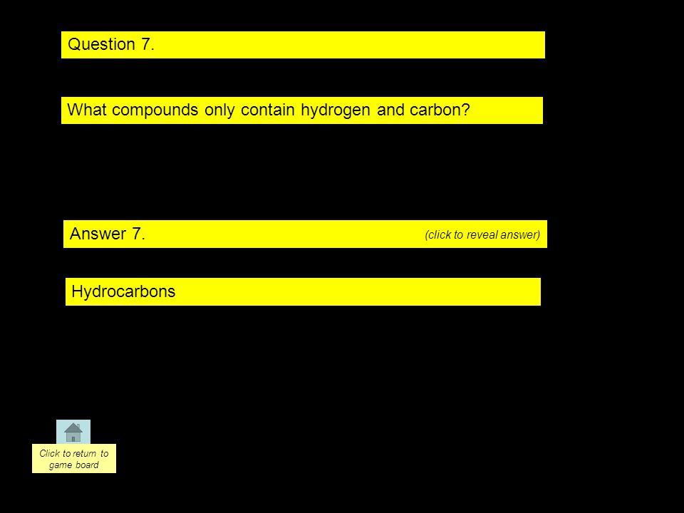 Question 7. Answer 7. What compounds only contain hydrogen and carbon.