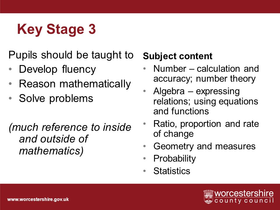 Key Stage 3 Pupils should be taught to Develop fluency Reason mathematically Solve problems (much reference to inside and outside of mathematics) Subject content Number – calculation and accuracy; number theory Algebra – expressing relations; using equations and functions Ratio, proportion and rate of change Geometry and measures Probability Statistics