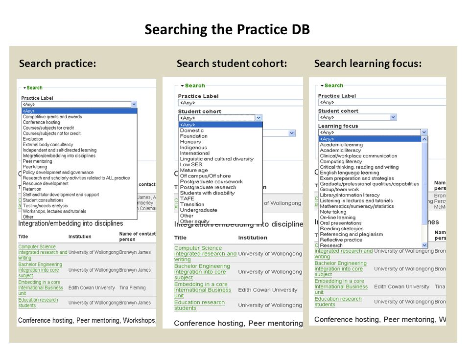 Search practice: Search student cohort: Search learning focus: Searching the Practice DB