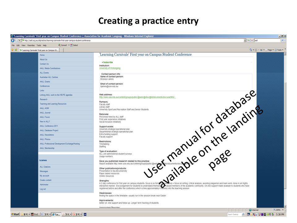 Creating a practice entry User manual for database available on the landing page