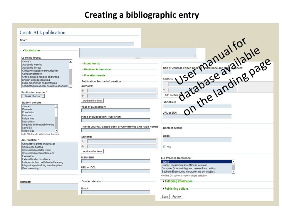 Creating a bibliographic entry User manual for database available on the landing page