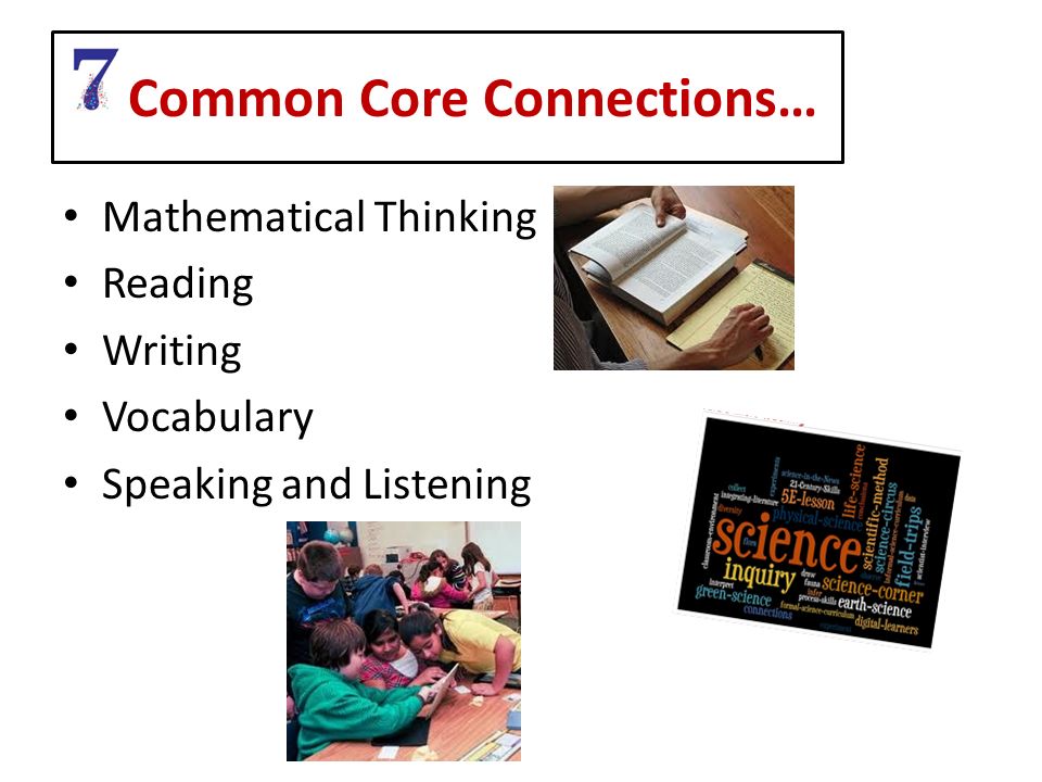 Common Core Connections… Mathematical Thinking Reading Writing Vocabulary Speaking and Listening