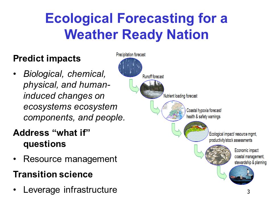 3 Ecological Forecasting for a Weather Ready Nation Predict impacts Biological, chemical, physical, and human- induced changes on ecosystems ecosystem components, and people.