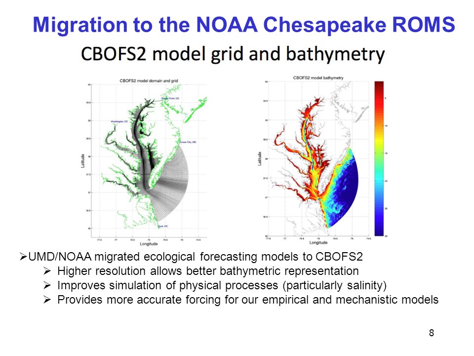 8 Migration to the NOAA Chesapeake ROMS  UMD/NOAA migrated ecological forecasting models to CBOFS2  Higher resolution allows better bathymetric representation  Improves simulation of physical processes (particularly salinity)  Provides more accurate forcing for our empirical and mechanistic models