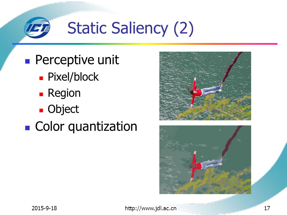 Static Saliency (2) Perceptive unit Pixel/block Region Object Color quantization http://