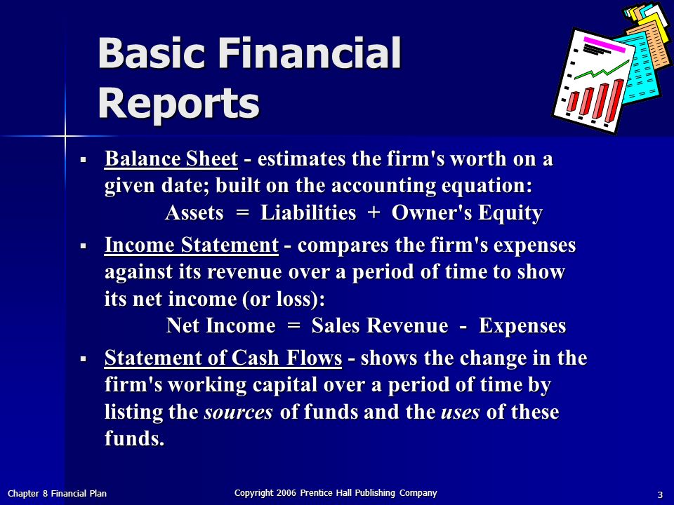 Chapter 8 Financial Plan Copyright 2006 Prentice Hall Publishing Company 3 Basic Financial Reports  Balance Sheet - estimates the firm s worth on a given date; built on the accounting equation: Assets = Liabilities + Owner s Equity  Income Statement - compares the firm s expenses against its revenue over a period of time to show its net income (or loss): Net Income = Sales Revenue - Expenses  Statement of Cash Flows - shows the change in the firm s working capital over a period of time by listing the sources of funds and the uses of these funds.