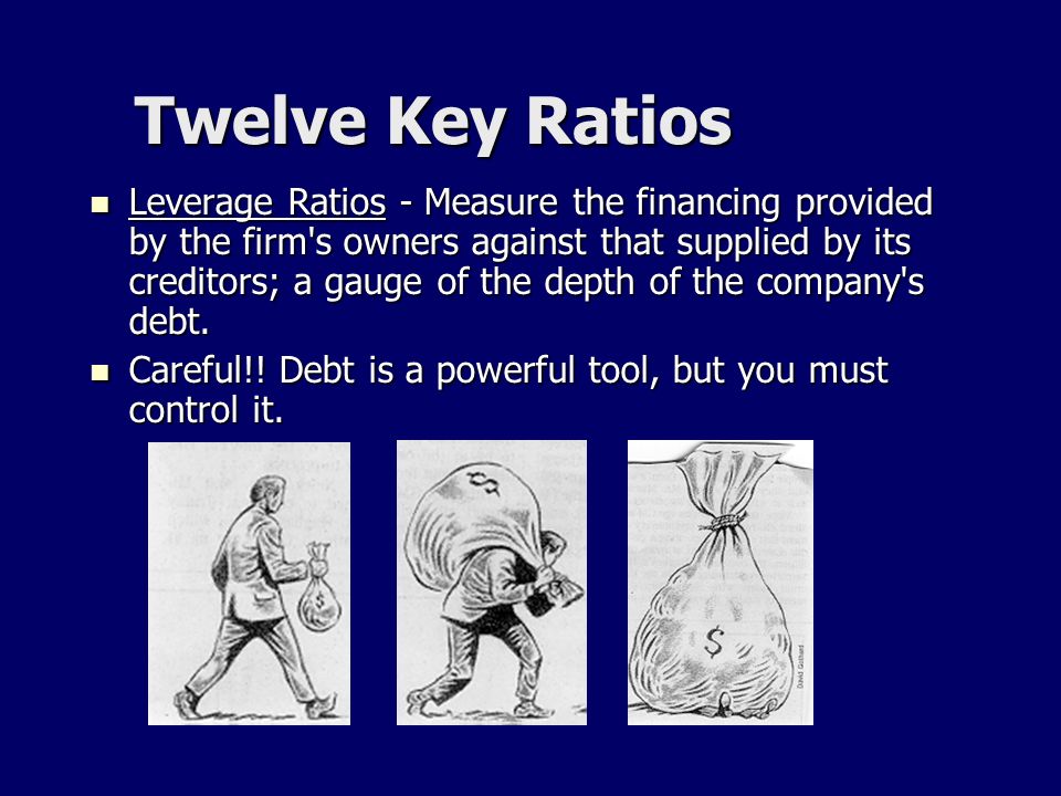 Twelve Key Ratios Leverage Ratios - Measure the financing provided by the firm s owners against that supplied by its creditors; a gauge of the depth of the company s debt.