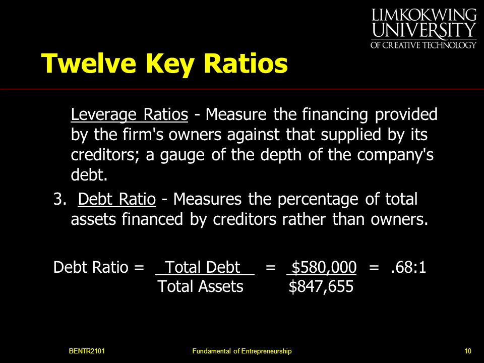 BENTR2101Fundamental of Entrepreneurship10 Twelve Key Ratios Leverage Ratios - Measure the financing provided by the firm s owners against that supplied by its creditors; a gauge of the depth of the company s debt.