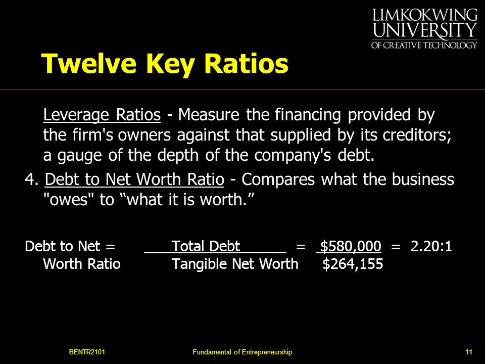 BENTR2101Fundamental of Entrepreneurship11 Twelve Key Ratios Leverage Ratios - Measure the financing provided by the firm s owners against that supplied by its creditors; a gauge of the depth of the company s debt.