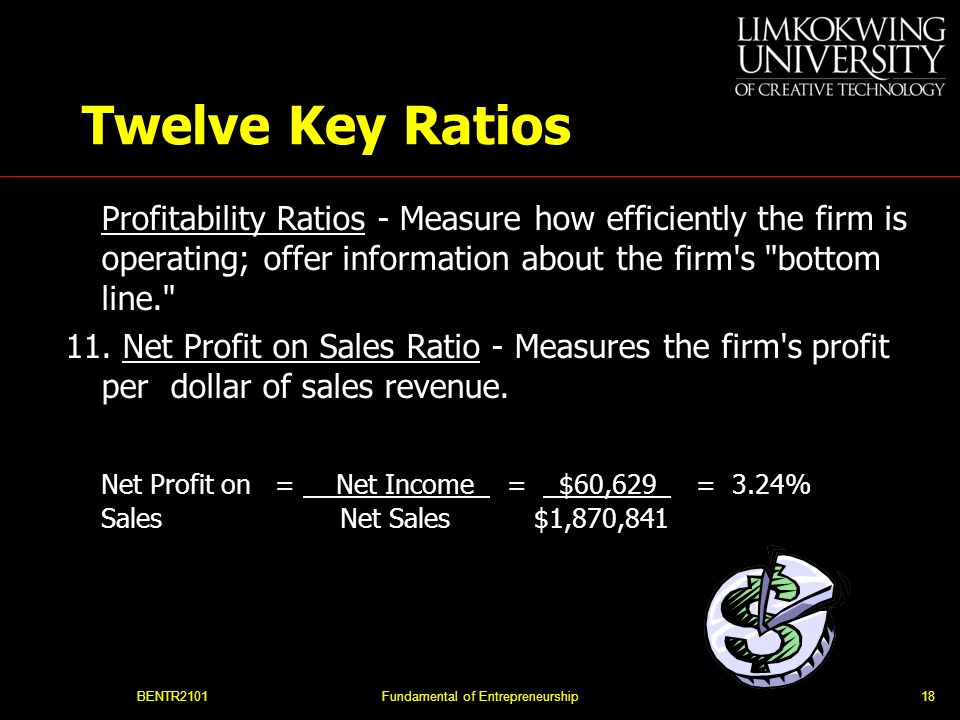 BENTR2101Fundamental of Entrepreneurship18 Twelve Key Ratios Profitability Ratios - Measure how efficiently the firm is operating; offer information about the firm s bottom line. 11.
