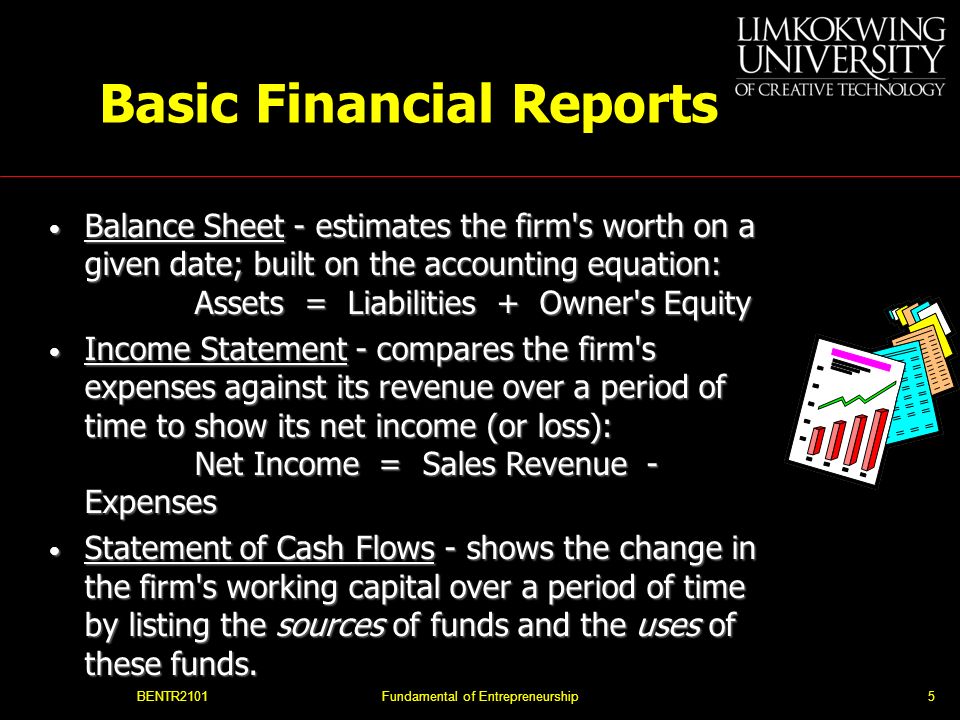 BENTR2101Fundamental of Entrepreneurship5 Basic Financial Reports Balance Sheet - estimates the firm s worth on a given date; built on the accounting equation: Assets = Liabilities + Owner s Equity Balance Sheet - estimates the firm s worth on a given date; built on the accounting equation: Assets = Liabilities + Owner s Equity Income Statement - compares the firm s expenses against its revenue over a period of time to show its net income (or loss): Net Income = Sales Revenue - Expenses Income Statement - compares the firm s expenses against its revenue over a period of time to show its net income (or loss): Net Income = Sales Revenue - Expenses Statement of Cash Flows - shows the change in the firm s working capital over a period of time by listing the sources of funds and the uses of these funds.