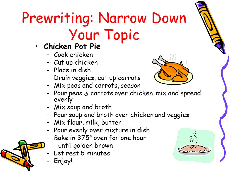 Prewriting: Narrow Down Your Topic Chicken Pot Pie –Cook chicken –Cut up chicken –Place in dish –Drain veggies, cut up carrots –Mix peas and carrots, season –Pour peas & carrots over chicken, mix and spread evenly –Mix soup and broth –Pour soup and broth over chicken and veggies –Mix flour, milk, butter –Pour evenly over mixture in dish –Bake in 375° oven for one hour until golden brown –Let rest 5 minutes –Enjoy!