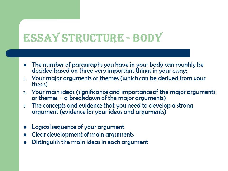 Essay structure - body The number of paragraphs you have in your body can roughly be decided based on three very important things in your essay: 1.