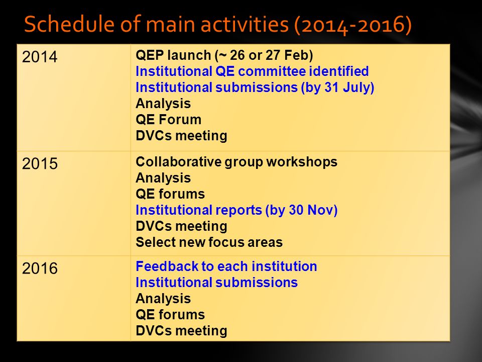 Schedule of main activities ( )