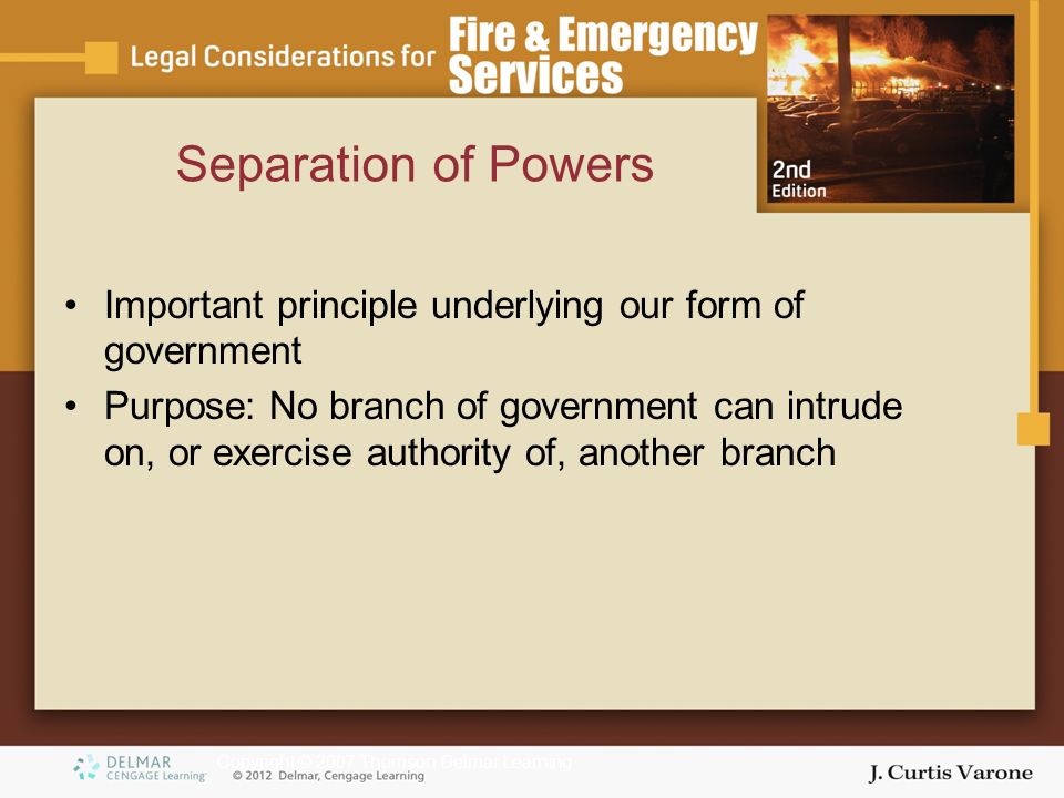 Copyright © 2007 Thomson Delmar Learning Separation of Powers Important principle underlying our form of government Purpose: No branch of government can intrude on, or exercise authority of, another branch